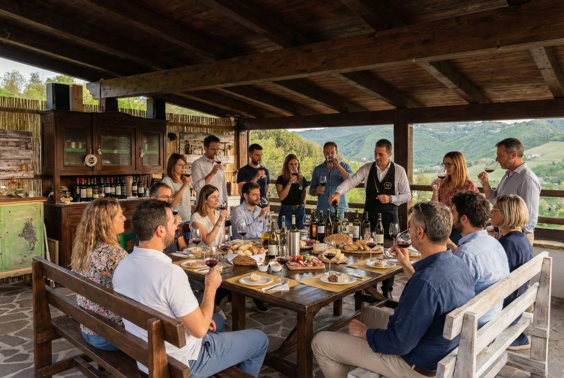 Degustazione aziendale sulla terrazza panoramica di Tenuta MonteOliveto