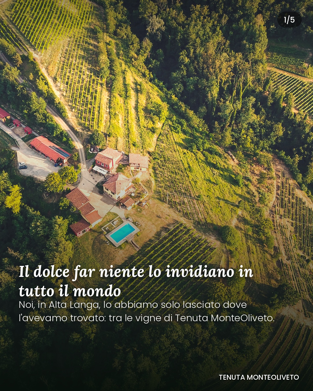Vista aerea drone di Tenuta MonteOliveto tra le vigne dell'Alta Langa, Piemonte