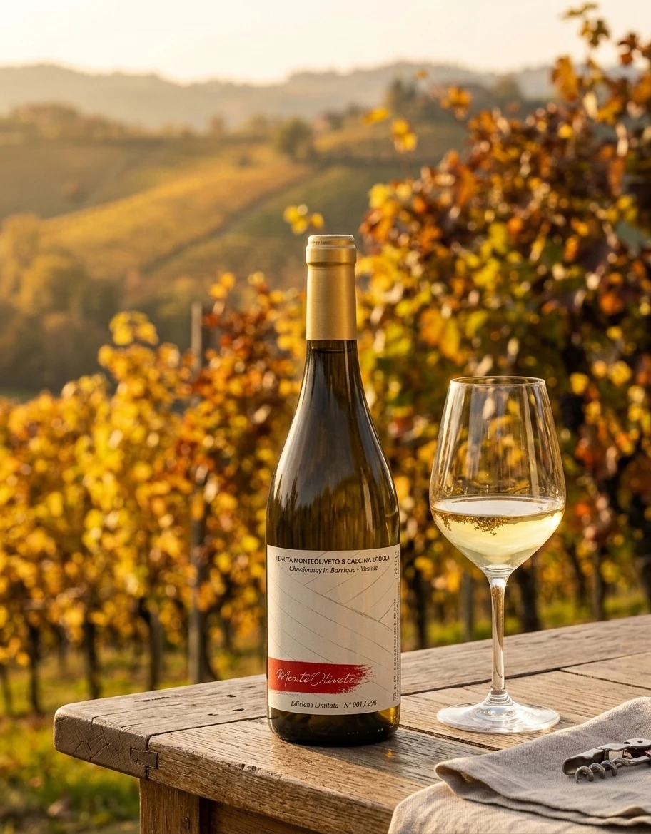 MonteOliveto nei vigneti di Vesime Vigneti di Vesime e bottiglia MonteOliveto Chardonnay in Barrique alla Tenuta MonteOliveto